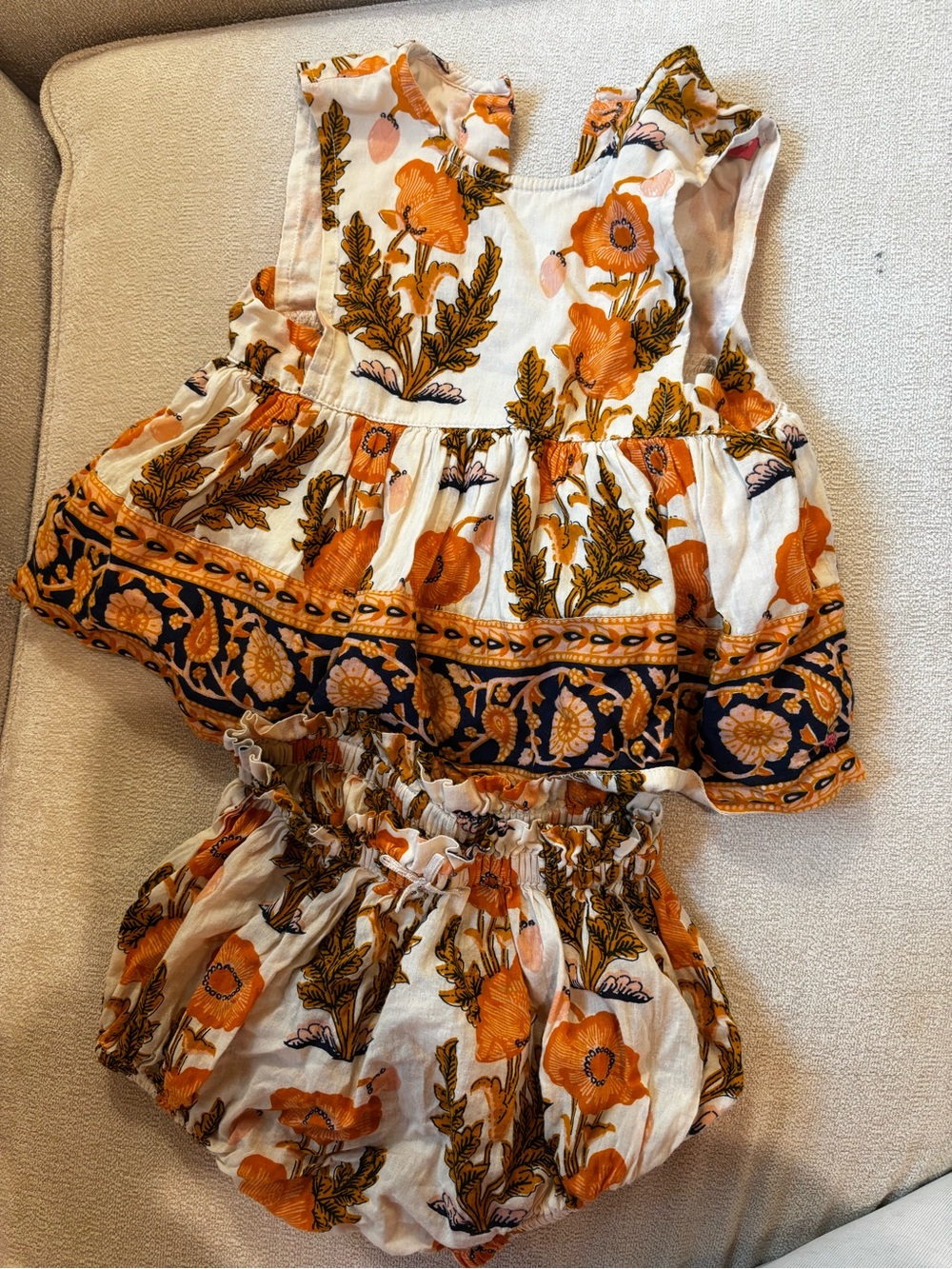 Pink Chicken Orange Floral Baby Two-Piece Set with Navy Trim